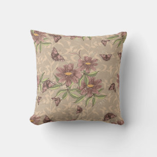 Vintage Asian Plum Floral Butterfly Throw Pillow