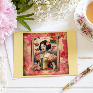 Vintage Asian Portrait Floral Romantic  Postcard