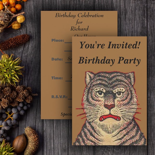 Vintage Asian Tiger Birthday Invitation (Head of Asian striped tiger fierce face on brown Birthday party invitations.)