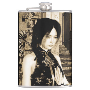 Vintage Asian Woman Portrait Art Hip Flask