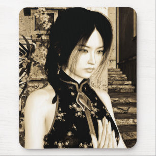 Vintage Asian Woman Portrait Art Mouse Pad