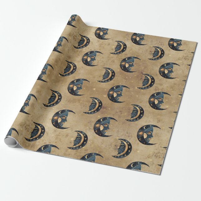 Vintage Astrology Moon Star Pattern Wrapping Paper (Unrolled)