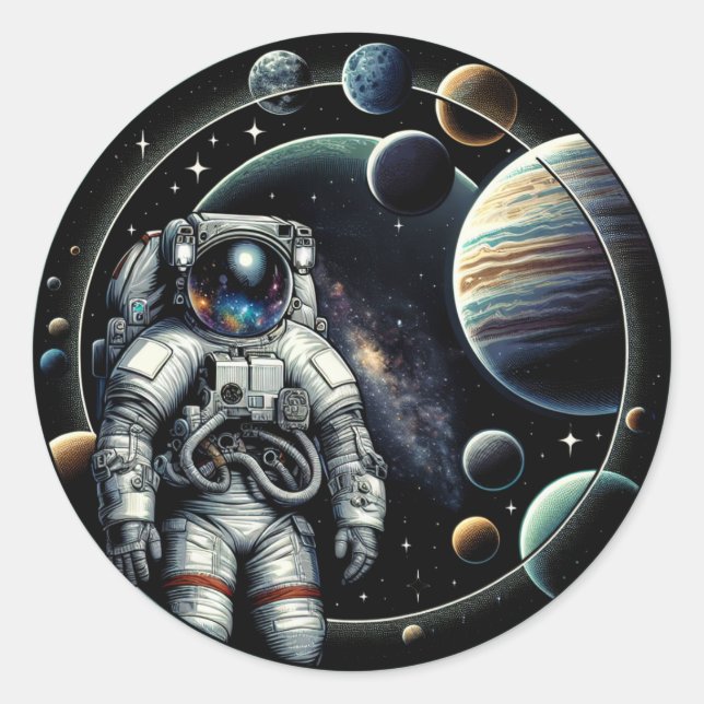 Vintage Astronaut and Planets Classic Round Sticker (Front)