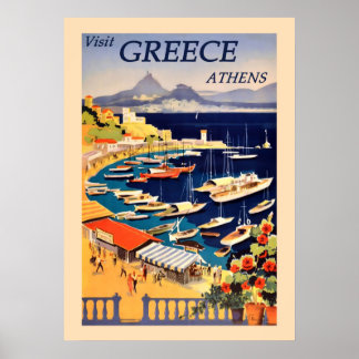 Vintage Athens Greece Port Harbour Sailboat Travel Poster