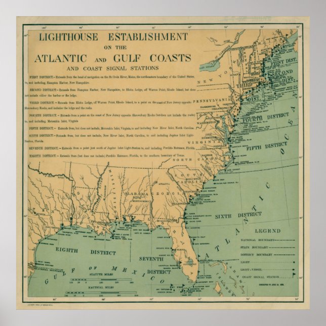 Vintage Atlantic and Gulf Coast Lighthouse Map Poster (Front)