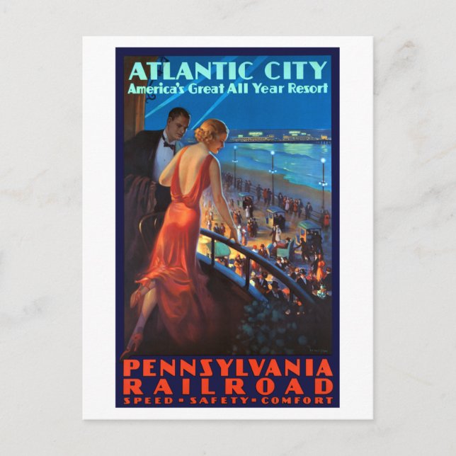 Vintage Atlantic City Railroad Travel Poster Postcard (Front)
