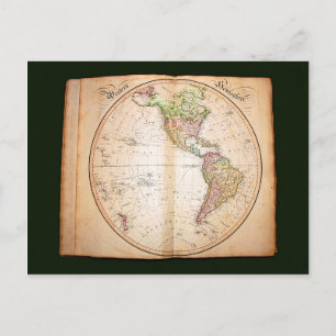 Vintage atlas showing western hemisphere postcard