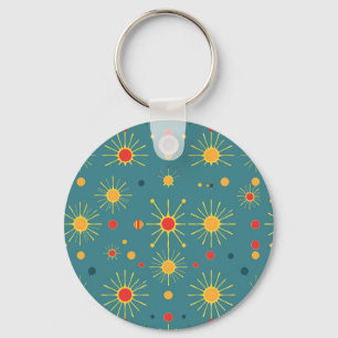 Vintage Atomic Burst Teal Pattern Key Ring