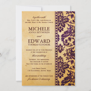 Vintage Aubergine Damask Lace Wedding Invitation