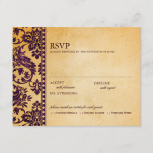 Vintage Aubergine Damask Lace Wedding RSVP Card