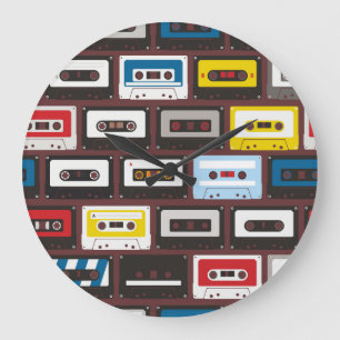 Vintage audio cassettes, seamless background. large clock