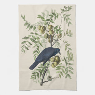 Vintage Audubon American Crow Bird Nature Art Tea Towel