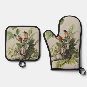 Vintage Audubon American Robin Bird Nest Art Oven Mitt & Pot Holder Set