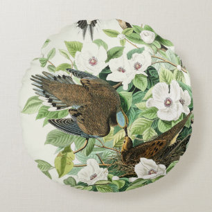 Vintage Audubon Mourning Dove Bird Flower Art Round Cushion
