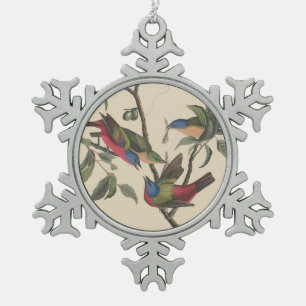 Vintage Audubon Painted Bunting Colourful Bird Art Snowflake Pewter Christmas Ornament