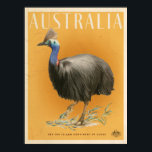 Vintage Australian Cassowary travel poster<br><div class="desc">Retro style australian tropical travel poster featuring a coloured cassowary with eucalpytpus leaves on a bright orange sun background.</div>