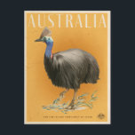 Vintage Australian Cassowary travel poster Postcard<br><div class="desc">Retro style australian tropical travel poster featuring a coloured cassowary with eucalpytpus leaves on a bright orange sun background.</div>