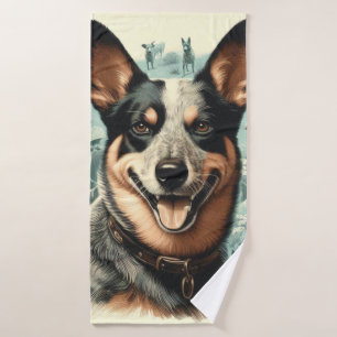 Vintage Australian Cattle Dog Illustration Bath Towel