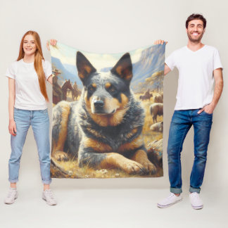 Vintage Australian Cattle Dog Painting Fleece Blanket