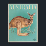 Vintage Australian Kangaroo Travel Postcard<br><div class="desc">This vintage Australian design features a kangaroo with eucalyptus leaves on a bright blue background. The top of the design has the word 'Australia' clearly printed. The bottom of the design reads 'see the island continent up close' along side the Commonwealth coat of arms.</div>