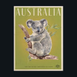 Vintage Australian Koala travel poster Postcard<br><div class="desc">Reto style australian bush travel poster featuring a cute  grey koala  with eucalpytpus leaves against a green background</div>