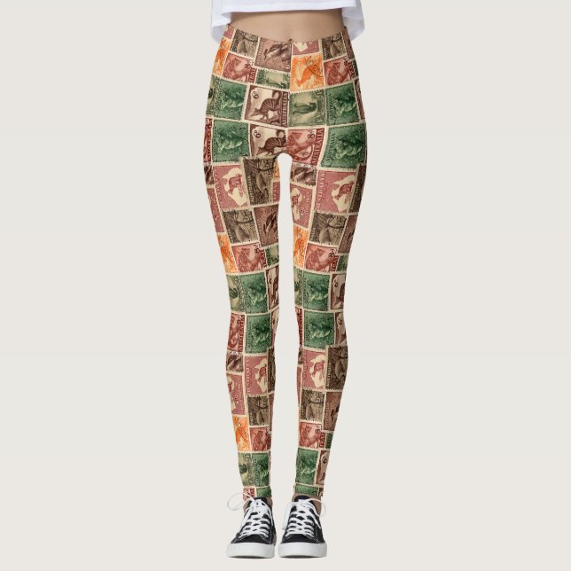 Vintage Australian Postage Stamps Collection Leggings (Front)