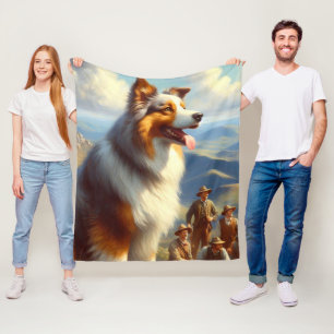 Vintage Australian Shepherd  Painting Fleece Blanket