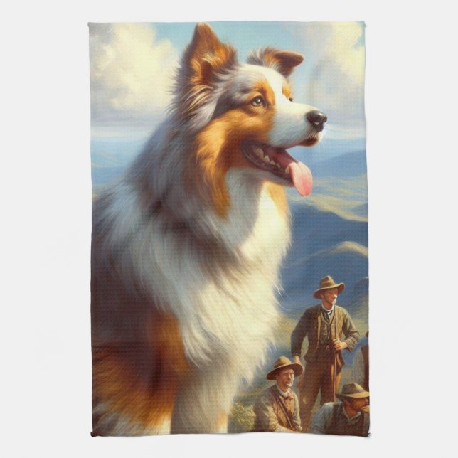 Vintage Australian Shepherd  Painting Tea Towel (Vertical)