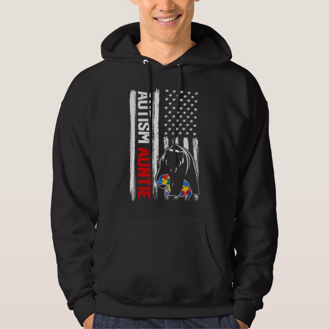 Vintage Autism Auntie Bear American Flag Awareness Hoodie (Front)