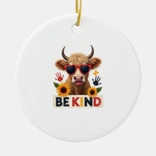 Vintage Autism Highland Cow Be Kind Rainbow Puzzle Ceramic Ornament