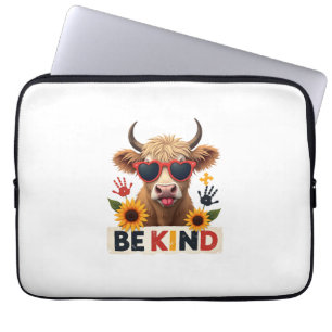 Vintage Autism Highland Cow Be Kind Rainbow Puzzle Laptop Sleeve