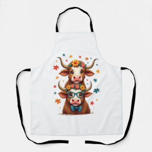 Vintage Autism Highland Cow Trio Peeking Cute Cow Apron