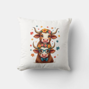 Vintage Autism Highland Cow Trio Peeking Cute Cow  Cushion