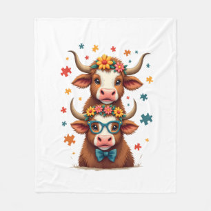 Vintage Autism Highland Cow Trio Peeking Cute Cow Fleece Blanket