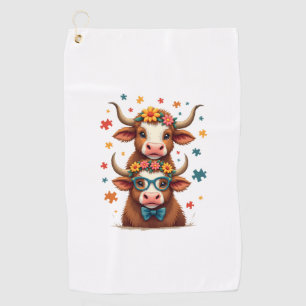 Vintage Autism Highland Cow Trio Peeking Cute Cow  Golf Towel