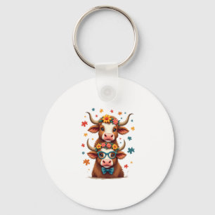 Vintage Autism Highland Cow Trio Peeking Cute Cow Key Ring