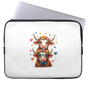 Vintage Autism Highland Cow Trio Peeking Cute Cow Laptop Sleeve