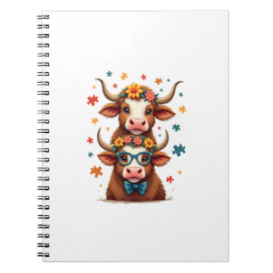 Vintage Autism Highland Cow Trio Peeking Cute Cow Notebook