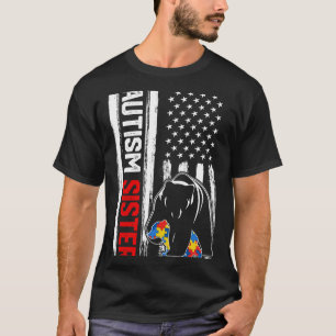 Vintage Autism Sister Bear American Flag Awareness T-Shirt