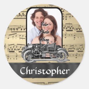 Vintage auto and music sheet classic round sticker