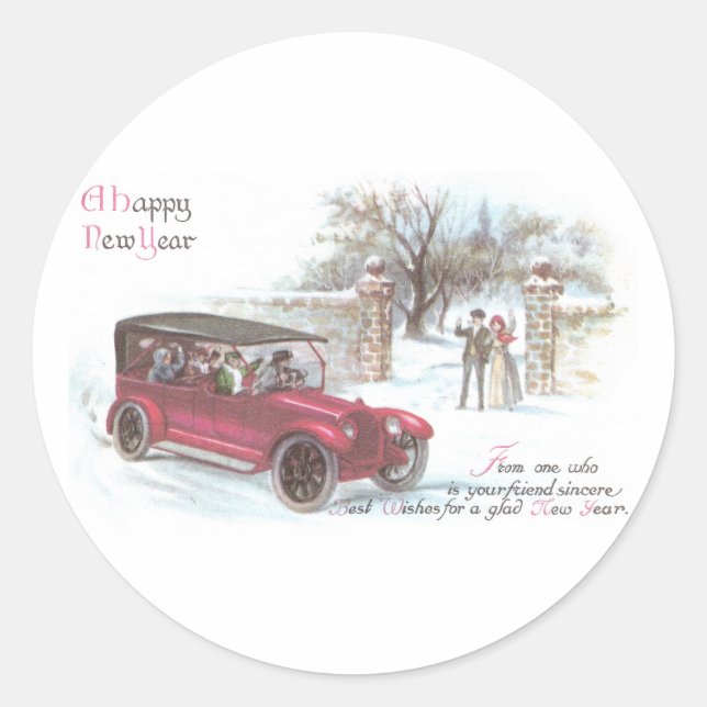 Vintage Automobile New Year Greeting Classic Round Sticker (Front)