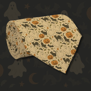 Vintage Autumn Black Cats & Pumpkins Halloween Tie