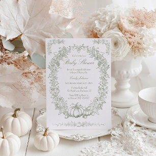 Vintage Autumn Botanical Oak & Pumpkin baby Shower Invitation