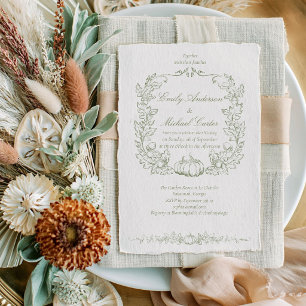 Vintage Autumn Botanical Oak & Pumpkin Wedding Invitation