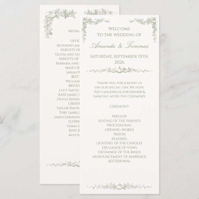 Vintage Autumn Botanical Oak & Pumpkin Wedding  Program (Front/Back)