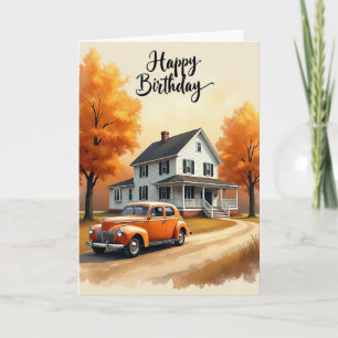 Vintage Autumn Car Birthday Card