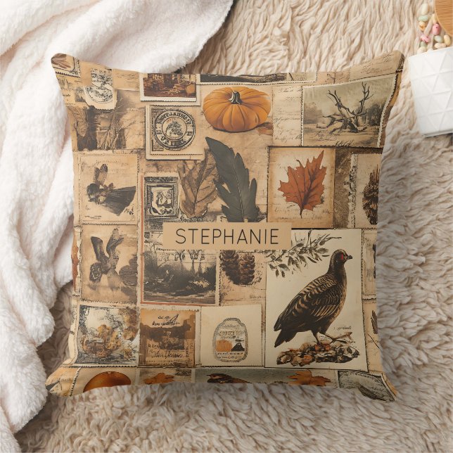 Vintage Autumn Collage Pattern | Rustic Ephemera Cushion (Blanket)