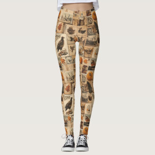 Vintage Autumn Collage Pattern Rustic Ephemera Leggings
