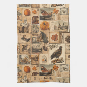 Vintage Autumn Collage Pattern   Rustic Ephemera Tea Towel