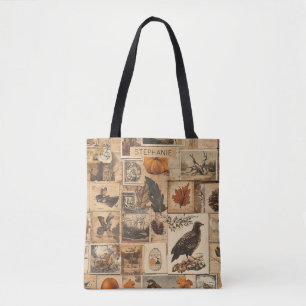 Vintage Autumn Collage Pattern Rustic Ephemera Tote Bag
